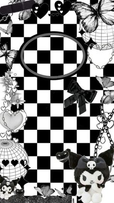 a black and white checkered background with lots of different things on it's side