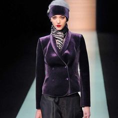 Emporio Armani Autumn/Winter 2013 Royal Purple Velvet / Velveteen Neoprene Double Breasted Blazer Designed By Giorgio Armani. Runway Look #65. Shawl Collar. Long Sleeves. Four Double Breasted Button Detail With Two Exterior Button Closures And Single Interior Button Closure. Princess Seams For Contoured Fit. Raw Edge Detail. Unlined. Bin N Giorgio Armani Runway, Armani Runway, Blazer Designs, Princess Seams, Purple Velvet, Tailored Suits, Royal Purple, Breasted Blazer, Double Breasted Blazer