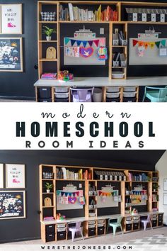 a room with bookshelves and pictures on the wall, text overlay reads modern homeschool room ideas