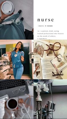 a collage of photos with an image of a woman in scrubs and eyeglasses