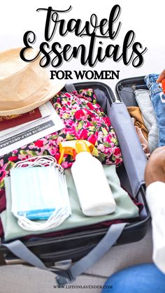 an open suitcase with clothes and other items inside it that says travel essentials for women