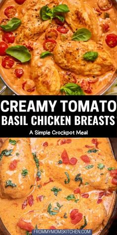 This easy crockpot tomato basil chicken recipe is perfect for pasta. The chicken is cooked in a tomato sauce with cream and basil, and it’s creamy and delicious. Chicken Basil Crockpot Recipes, Slow Cooker Creamy Tomato Basil Chicken, Tomato Basil Chicken And Rice, Crockpot Tomato Paste, Crockpot Chicken And Tomatoes, Crockpot Tomato Basil Chicken, Slow Cooker Tomato Basil Chicken, Tomato Chicken Crockpot, Tomato Basil Chicken Crockpot