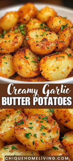 creamy garlic butter potatoes in a white bowl with parsley on top and text overlay that reads creamy garlic butter potatoes