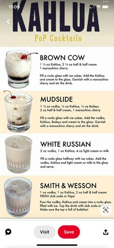 the menu for kahlua pop cocktails