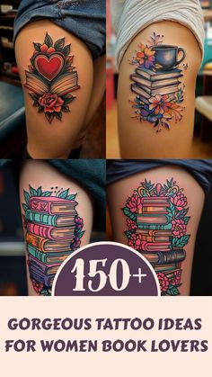 some tattoos that are on the legs of women with books in them and coffee mugs