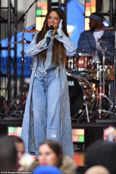 Camila Cabello rocks a sparkling denim trench coat and matching corset to perform in New York | Daily Mail Online Coachella Theme Party, Coachella Theme