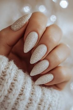 Fair Isle Nails, Holiday Party Nails Sparkle, New Year’s Eve Nails Almond, Neutral Christmas Nails Acrylic, Glitter New Years Nails, Christmas And New Years Nail Ideas, Icy Nails Winter, New Years Nails Almond, New Years Eve Nails Ideas Sparkle