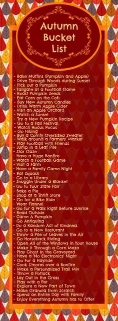 the autumn bucket list is shown in red, orange and yellow colors with an ornate border