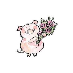 a drawing of a pig holding flowers in its paws