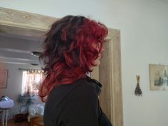 Black and red hairs Bright Red Hair Dye Ideas, Red Peekaboo Hair Curly, Dark Red Hair Streaks, Alt Dyed Hair Ideas, Black Hair Red Ends, Red Hair Black Underneath, Red Hair Shag Cut, Dyed Dark Red Hair, Red Hair Dye Underneath