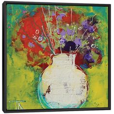 an abstract painting with flowers in a vase