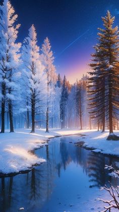 a snowy landscape with trees and water in the foreground