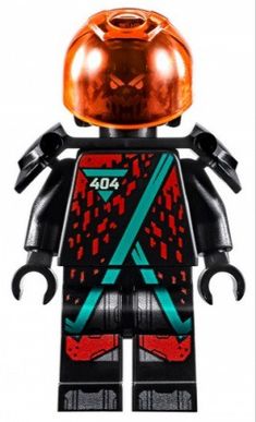 a lego figure with an orange helmet on it's head and red, black, and blue design