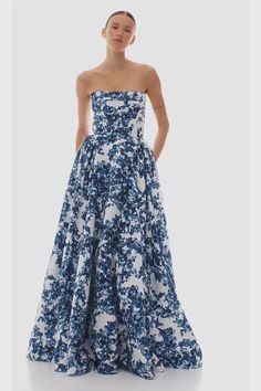 Light Blue Hydrangea, Milla Dresses, Hydrangea Pattern, Corset Maxi Dress, Navy Floral Maxi Dress, Dorothy Dandridge, Maxi Dress Designs, Skirt Details, Dress Weights