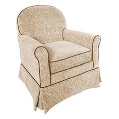 an upholstered chair is shown in beige and tan fabric with brown trimmings