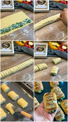 the process of making rolls with cheese and spinach is shown in four different pictures