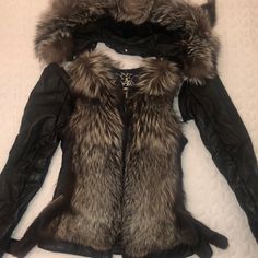 Beautiful Real Leather Fur Vest With Detached Sleeves And Hood, In Very Good Condition, Also Super Warm Very Comfortable To Go Around) Black Fur Coat Outfit, Fur Coat Outfit, Detached Sleeves, Black Fur Coat, Go Around, Snow Jacket, Coat Outfits, Fur Vest, Real Leather