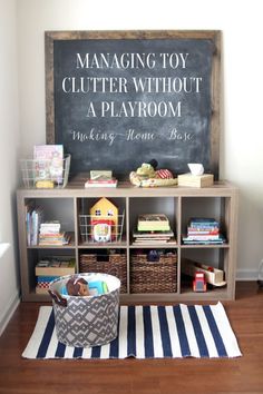 an organized playroom with toys and books