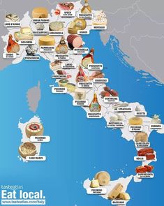 a map with all the different types of food in europe and italy, as well as their names