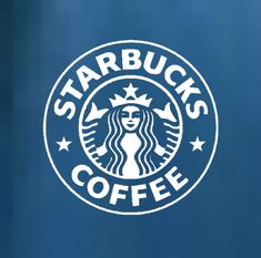 the starbucks logo is white and blue with stars on it's side, against a dark blue background