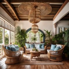 a living room with wicker furniture and plants