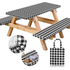 picnic table with black and white checkered cloth