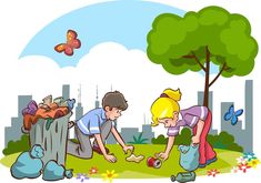 two children picking up trash in the park with butterflies flying above them and a cityscape in the background