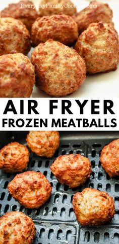 air fryer frozen meatballs on the grill with text overlay that says air fryer frozen meatballs