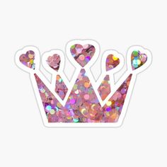 a pink glitter crown sticker with hearts on the front and two crowns on the back