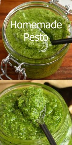 homemade pesto in a glass jar with a black spoon and the same green pesto