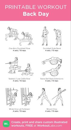 the printable workout poster shows how to do back - day exercises for women and men