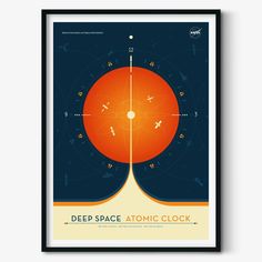 a poster with the words deep space atomic clock on it's front and back sides