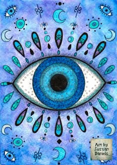 an eye painted in blue and white on a purple background with stars, crescents and moon