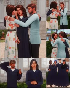 several images of people hugging each other in different poses, with one woman wearing a blue dress