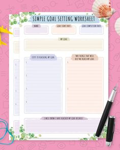 the simple goal setting worksheet is shown on a pink background