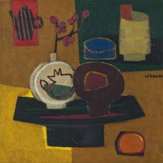 a painting on a table with a vase and other items