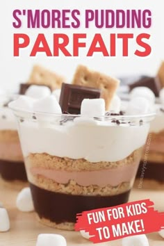 an advertisement for smores puddinging parfaits with marshmallows