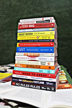 a stack of books sitting on top of an open book