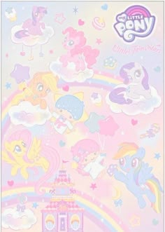 the poster for my little pony is in pastel colors and features ponies, rainbows, clouds, and stars