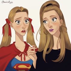 two women dressed as superman and supergirls are looking at each other's eyes