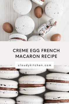 french macaron recipe with almonds and white chocolate on top, in the background is