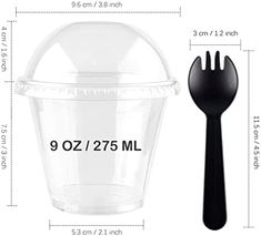 a plastic container with a fork and spoon in it next to the measurements for each cup