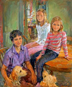 a painting of three children sitting on a table with two dogs in front of them