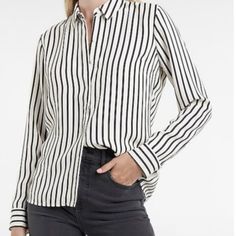 H&M White & Black Vertical Striped Button Down Shirt With Silver Buttons Size 10 H&m Button-up Blouse With Button Closure, Chic Button-up Shirt By H&m, Chic H&m Button-up Shirt, Classic H&m Blouse With Button Closure, H&m Button-up Workwear Blouse, H&m Classic Long Sleeve Blouse, Classic Long Sleeve Blouse By H&m, H&m Collared Blouse For Work, Classic Long Sleeve H&m Blouse