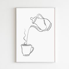 a black and white drawing of a coffee cup with steam coming out of the top