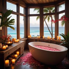 a bathtub filled with rose petals and candles next to a window overlooking the ocean