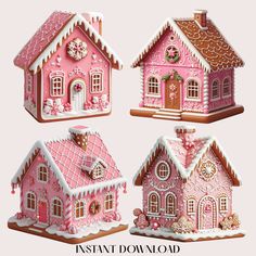 three pink gingerbread christmas houses with snow on the roof and one in the front