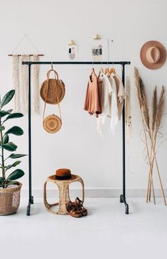 a rack with hats, shoes and other items hanging on the wall next to a potted plant