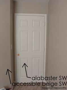 an empty room with a white door and black arrows pointing to the floor below it