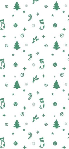 a white and green christmas pattern with trees, stockings, snowflakes and other holiday items